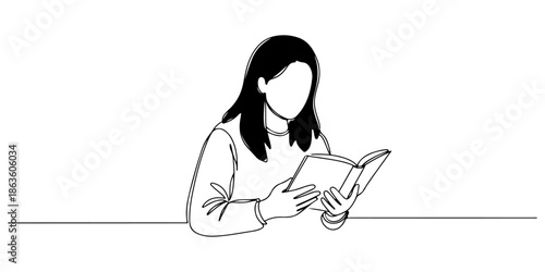 Continuous one line drawing of a student reading a book, symbolizing education, line art style vector illustration.