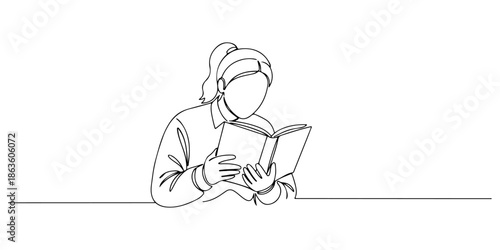 Continuous one line drawing of a student reading a book, symbolizing education, line art style vector illustration.