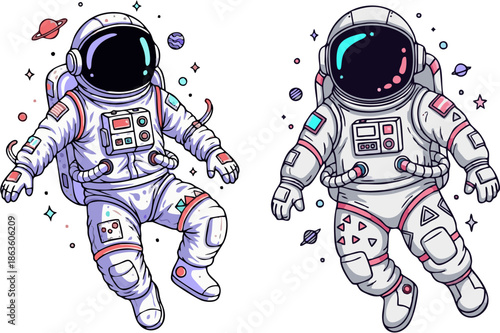 Whimsical pair of cartoon astronauts floating in a cosmic scene, surrounded by sparkling stars and imaginative celestial elements, perfect for creative design projects and children's content