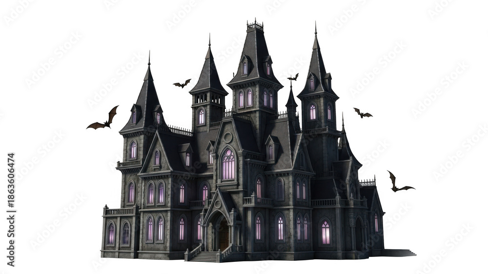 Obraz premium Gothic mansion with bats isolated on transparent background