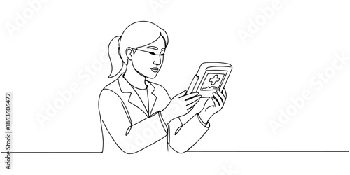 Continuous one line drawing of a healthcare professional examining a new medical device, symbolizing innovation in healthcare, line art style vector illustration.