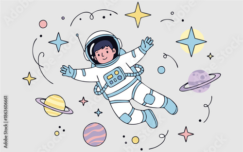 Astronaut Floating in Space Surrounded by Planets and Stars
