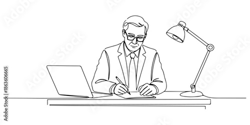 Continuous one line drawing of a government official working at a desk, symbolizing state financial governance, line art style vector illustration.