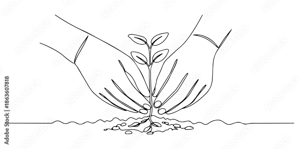 Fototapeta premium Continuous one line drawing of a hand planting seedlings into the soil, depicting the urban greening movement, line art style vector illustration.