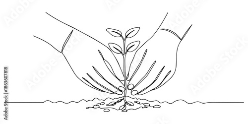 Continuous one line drawing of a hand planting seedlings into the soil, depicting the urban greening movement, line art style vector illustration.