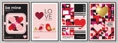 A set of four distinct, framed Valentine's Day themed posters showcasing various graphic styles including geometric patterns, typographic elements, and illustrations of birds and hearts.
