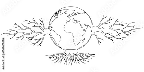 Continuous one line drawing of a globe connected by a network of tree roots, depicting the interconnectedness of all life, line art style vector illustration.