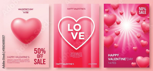 A set of three valentines day promotional posters featuring pink and red hearts, sale announcements, and love typography.