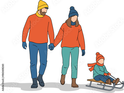 Winter family outing illustration, sledding scene, cold weather clothing, snow day activity, seasonal bonding, cartoon style, outdoor fun