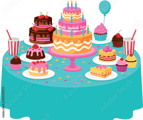 Colorful birthday party dessert table vector with tiered cakes, cupcakes, sweets, candles and balloon for festive celebration and bakery background.