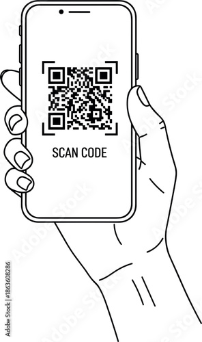 Hand holding smartphone scanning QR code line art vector illustration for digital payment mobile app marketing security and contactless technology services concept.