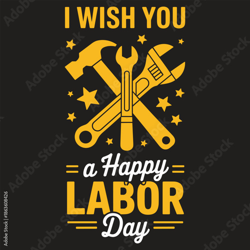Yellow and white labor day greeting card with crossed tools
