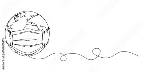 Continuous one line drawing of a globe wearing a mask, depicting environmental crisis and global awareness, line art style vector illustration.