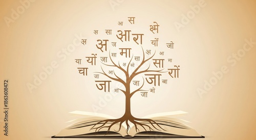 Open book transforming into knowledge tree with Devanagari letters