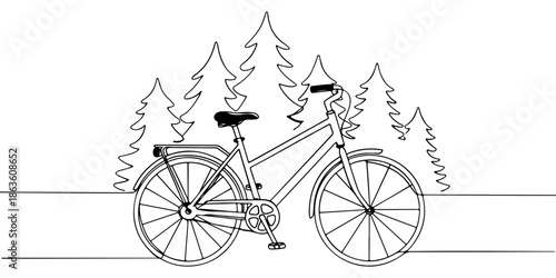 Continuous one line drawing of a bicycle with a background of trees, depicting environmentally friendly transportation, line art style vector illustration.