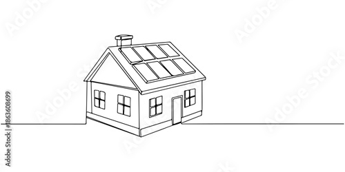 Continuous one line drawing of a solar panel on the roof of a small house, depicting the transition to renewable energy, line art style vector illustration.