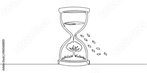 Continuous one line drawing of an hourglass containing trees and falling leaves, depicting the urgency of protecting the environment before it is too late, line art style vector illustration.