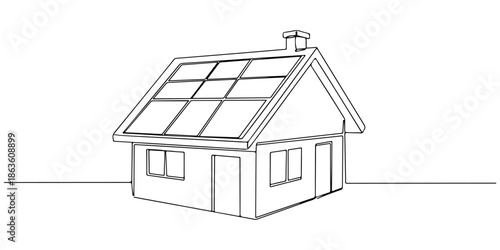 Continuous one line drawing of a solar panel on the roof of a small house, depicting the transition to renewable energy, line art style vector illustration.