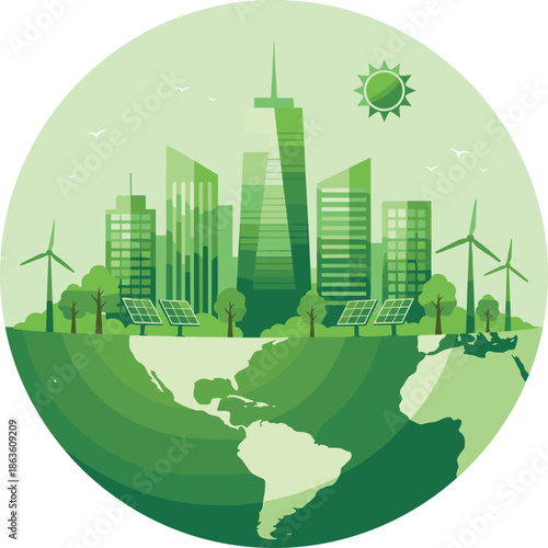 Green sustainable city illustration, eco urban skyline with world map, renewable energy concept, environmental protection future design
