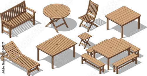Wooden outdoor furniture illustration, patio seating, garden table set, bench, chair, stool, lounge, minimalist design, rustic style
