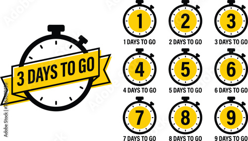 Countdown days to go icons, stopwatch timer set, event launch reminder badges, sale promotion deadline symbols vector illustration design collection