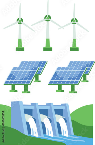 Renewable energy sources illustration, wind turbines, solar panels, hydroelectric dam, green power, clean energy, sustainable technology, eco-friendly infrastructure