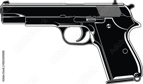semi-automatic handgun, firearm drawing, black white, pistol side view, gun parts, trigger barrel slide, technical sketch, weapon outline, safety icon