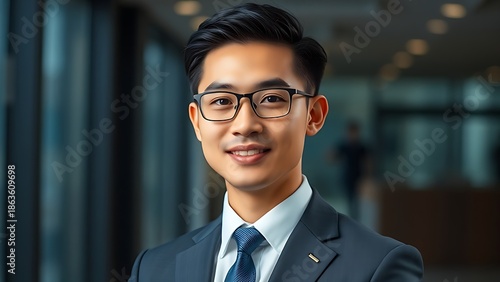 Young Asian businessman in formal attire, projecting confidence in a professional head-and-shoulders portrait.