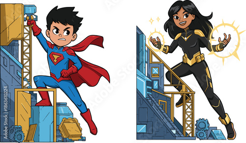 Cartoon superhero children in industrial background, kids in costume, construction theme, teamwork, empowerment, imagination, colorful illustration, childhood heroes, comic style, strength