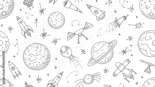 Space Elements Pattern in Hand Drawn Style with Monochromatic Color on White Background for Kids Education