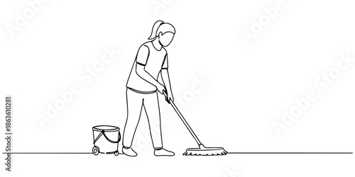 Continuous one line drawing of a person mopping the floor, reflecting effort and cleanliness, line art style vector illustration.