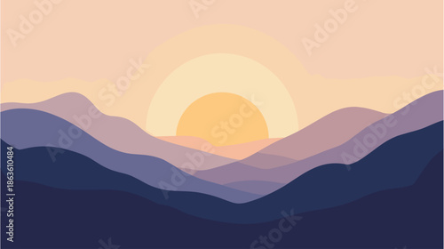 Mountain sunset landscape vector background with layered hills and warm evening sun