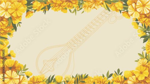Veena instrument surrounded by yellow marigold flowers and green leaves