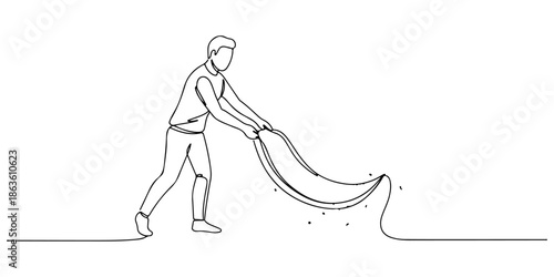 Continuous one line drawing of a person shaking out a rug, symbolizing freshness and effort, line art style vector illustration.