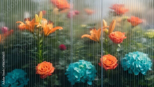 Vibrant orange lilies and teal hydrangeas viewed through textured glass with vertical lines