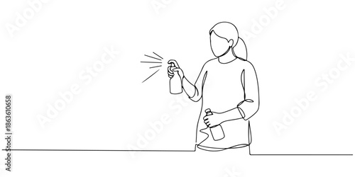 Continuous one line drawing of a person spraying air freshener in a room, representing ambiance and freshness, line art style vector illustration.