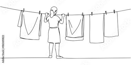 Continuous one line drawing of a woman hanging laundry on a clothesline, symbolizing routine and care, line art style vector illustration.