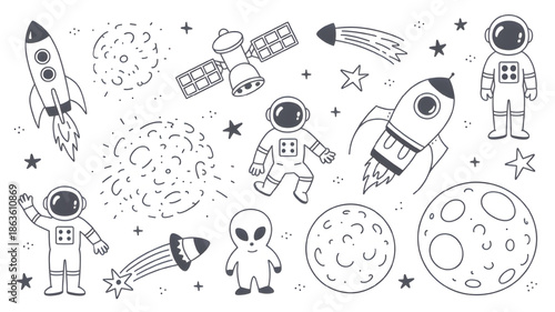 Astronauts and Spacecraft in Simple Line Art with Stars on White Background for Childrens Education