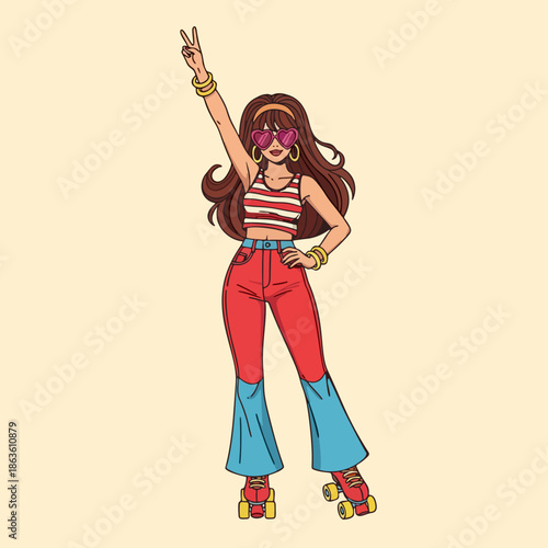 Vibrant illustration of a young woman in a retro outfit, roller skates, and peace sign gesture, exuding a carefree and playful vibe perfect for music festivals or summer promotions.