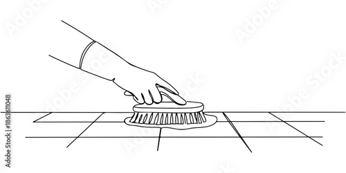 Continuous one line drawing of a person scrubbing tile grout with a brush, representing precision and hygiene, line art style vector illustration.