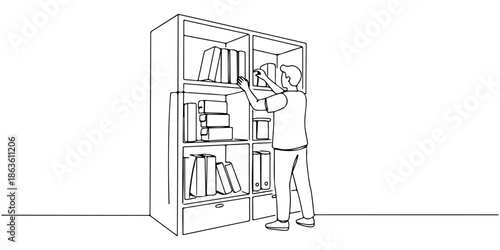 Continuous one line drawing of a person organizing shelves, symbolizing order and structure, line art style vector illustration.