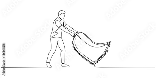 Continuous one line drawing of a person shaking out a rug, symbolizing freshness and effort, line art style vector illustration.
