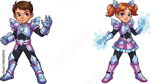 Cartoon superhero kids in crystalline armor suits, boy gem warrior illustration, girl magical protector, sci‑fi fantasy action artwork, children mascot design