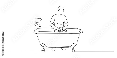 Continuous one line drawing of a scrubbing a bathtub, symbolizing hygiene and routine, line art style vector illustration.