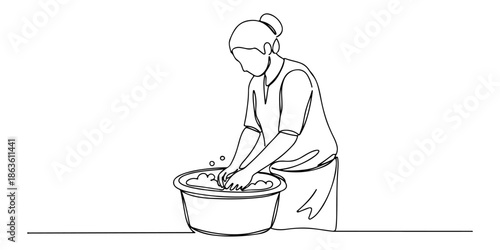 Continuous one line drawing of a person washing cleaning tools in a bucket, symbolizing preparation and routine, line art style vector illustration.