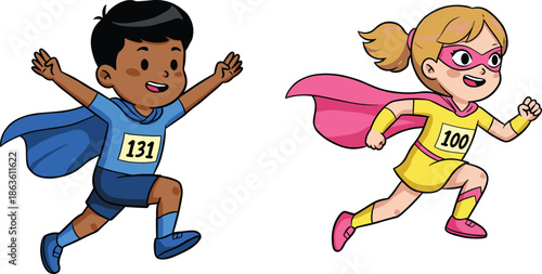 Cartoon superhero kids running race, children in costume competition, playful fantasy heroes, empowerment, teamwork, childhood imagination, colorful illustration, comic style, fun