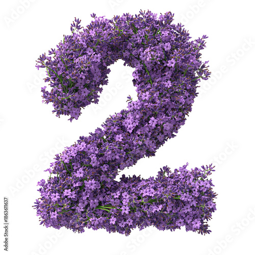 Top view of a 3D letter 2 made of lavender flowers isolated on a white transparent background