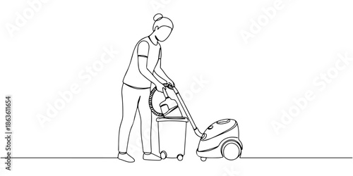 Continuous one line drawing of a person emptying a vacuum cleaner dustbin, symbolizing maintenance and efficiency, line art style vector illustration.