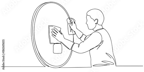 Continuous one line drawing of a person wiping a window with a cloth, symbolizing freshness and routine, line art style vector illustration.