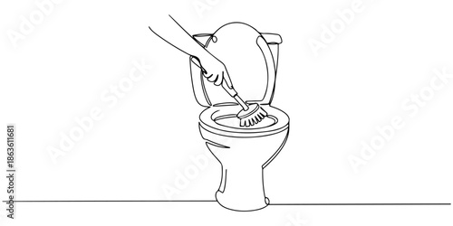 Continuous one line drawing of a person cleaning a toilet bowl with a brush, representing hygiene and maintenance, line art style vector illustration.